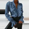 Women's Blouses & Shirts V-neck Women Elegant Blue White Ruffles Front Buttons Retro Office Lady Spring Autumn Long Sleeve Casual Tops