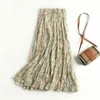 Boho Green Floral Print Rayon Wrinkle Long Skirt Holiday 여성 탄성 높은 허리 Ruched Pleated Swing Skirts Beach 210315