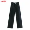 Tangada Herbst Winter Frauen Hohe Taille Überlänge Jeans Hosen Hosen Taschen Reißverschluss Weibliche Breite Bein Denim Hosen 4M520 210302