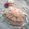 Einzelhandel Wunderschöne Strass Schärpen Mädchen Abendkleid Baby Mädchen Spitze Sling Prinzessin Tutu Kleid Kinder Formale Kostüm 210303