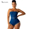 Women Sexy Denim Bodycon Strapless Belt Bodysuit Streetwear Blue Yellow Burr Jean Backless Romper Club Skinny Sleeveless Overall 210709