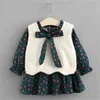 Baby Dress Set Spring Infant Clothing Cute Kids Child Princess Bowknot Flora Dress+Fur Vest Suits For Girls 0-4 Years 210625