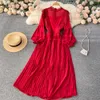 Roxo/vermelho/verde renda plissado vestido longo feminino primavera outono elegante o-pescoço lanterna manga longa drapeado retalhos maxi robe novo 2022