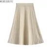 WERUERUYU Elegant Midi Pleated Knitted Skirt Women Autumn Winter Korean Knee Length a line High Waist Skirt Female Ladies 210608