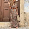 Mulheres Longo Vestido Verão V-Neck Boho Belted Maxi Vestido Casuais Sexy Party Dress Senhoras Bohemian Beach Feriado Sundress 210712