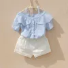 Varış Yaz Bluz Kızlar Için Pamuk Genç Okulu Kız Bluzlar Kapalı Omuz Beyaz Gömlek Mavi Şerit 210622 Tops