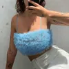 Elegant Plush Zipper Tanks Sexy Chest Wrap Camisole Spaghetti Strap Feather Crop Top Camisole Fluffy Plush Bralette Vest 210619