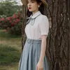 YOSIMI Women Skirt and Top Set Vintage Turn-down Collar Short Sleeve White Shirt Blue Long Office Lady 2 Piece Outfits 210604