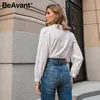 Beavant Elegant White Autumn Winter Women Blus Vintage Doll Collar Long Sleeve Female Shirt Fashion Pocket Blus 210709
