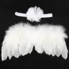 Baby Angel Wing + Elastische Chiffon Bloem Hoofdbanden Cosplay Fotografie Props Set Pasgeboren Mooie Roze Witte Veer Kostuum Foto Hoofdband Baw04