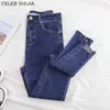 Chic rasgado corte jeans mulheres cintura alta elástico denim lápis calças femininas roupas mamãe azul preto verão skinny jeans para mulher h0908