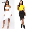 Liooil assimétrico algodão preto buraco branco denim midi saia com tassel streetwear alta cintura lavagem afligida mulheres bodycon saia 210303