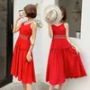 Summer French Women Sexy Suspenders Temperament Sweet Simple Red Dress Casual Thin A-line Big Swing Free 210527