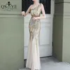 イブニングドレスOuro Vestidos de joite Sereia Um Ombro Barato joite Glitter Elegante Longo Festa Dourado Lantejouras VestidoフォーマルTule