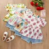 Bébé Floral Vêtements Ensemble Summer Girls à manches courtes Flower Print Top + Denim Shorts Enfants Outfits M3578