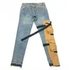 High Quality Vintage Washed Slim Stretch Denim Jeans Khaki Pocket Patch Distressing Biker Jeans Eight Pockets Styling T200614