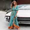 BOHO MAXI DRWOMENレトロ花柄プリントスリーブVネックハイウエストドレス女性夏のビーチロングドラリーvestidos x0621