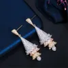 Bijoux de luxe étincelants boucle d'oreille pendante en argent sterling 925 or rose remplissage complet de topaze blanche CZ diamant pierres précieuses jupe à pompon femmes boucles d'oreilles de mariage