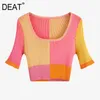 DEAT 2021 nuova moda estiva abbigliamento donna colletto quadrato mezze maniche colori a contrasto pullover maglietta corta WL90814 210311