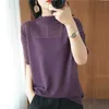 Summer Women knitted Short sleeve Thin Sweater Female Hollow out Lace Turtleneck Pullover Ladies knit Cotton Purple Jumpers 210917
