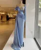 Chic Blue Mermaid Evening Dresses Crystal Beaded Lace Long Sleeves Formal Prom Gowns Custom Made Ruffles Satin Pageant Wear Robe de mariée