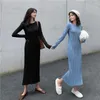 Automne Hiver Vintage Femmes À Manches Longues O Cou Mince Tricoté Plissée Robe Pull Midi 210529