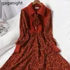 Fashion Lace Up Women Maxi Dress Corduroy Turn Down Collar Knit Chic Floral Sweater es Winter Vestidos 210601