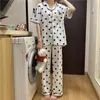 Pajama Set Women Heart-printed Turn-down Collars Short Sleeve Cute Japanese Style 2 Piece Summer Ladies Sleepwear Loose Student X0526