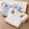 New Spring Autumn 2 3 4 6 8 10 Years Cotton White Blue Striped Embroidery Flower Flare Sleeve Kids Baby Girls Blouse Shirt 210306