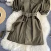 Neploe Chic Vintage Outillage Grande Robe De Poche Femmes Taille Haute Manches Bouffantes Slim Robes Col Rabattu Robe Robes D'été C0607