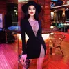 Casual Dresses 2021 Ladies Dress Shiny Crystal Cutout Fishnet Design Long Sleeve Lace Black Sexy Mini231A