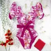 Sexy Ruffle Print Floral Strappy Swimming Swimwear Kobiety Swimsuit Deep-V Kostium Kąpielowy Plaża Nosić Monkini 210712
