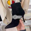 Botas de moda de gamuza sexy para mujer, hebilla de diamantes de imitación de lujo, punta estrecha, 8,5 cm, tacones altos, bottes de diseñador, zapatos martin con cremallera lateral