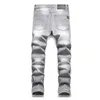 Mäns Jeans 2022 Fashion Biker Straight Men Gray Slim Stretch Motorcycle Denim Trousers Patchwork