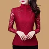 Kvinnor Spring Autumn Style Slim Lace Bluses Shirts Lady Casual Long Sleeve Turtleneck Flower Printed Lace Blusa Tops 210302