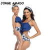 Sommarfamilj matchande baddräkt 2pcs sätter svart blå halter bikini blommig triangel simning byxor mor dotter E2014 210610