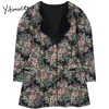 Yitimuceng Print Mini Jurken Dames Jurk Spring Applicaties V-hals Hoge Taille Lange Mouw A-Lijn Pullover Office Lady 210601