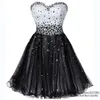 Sweet Black And White Crystal Sequins Short Homecoming Dress 2021 Sweetheart Beading Lace Up Tulle Plus Size Graduation Cocktail Prom Party Gown H02