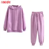 Tangada Autumn Winter Women tracksuit thick fleece 100% cotton suit 2 pieces sets hoodies sweatshirt and pants suits 6L17 210609