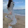 2021 Höst Elegant Floral Sundresses Kvinnor Långärmad Vintage Party Midi Dress Ladies Chiffon Beach One Piece Dress Korea Chic Y1204