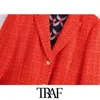 TRAF Women Fashion With Print Lining Fitted Tweed Blazer Coat Vintage Long Sleeve Pockets Female Outerwear Chic Veste 210930