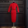 2ピースセットファッション女性春と秋の赤いドレス弓ベルトカジュアル長袖Oネックローブヴェストデマザードレス210527