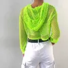 Darlingaga Streetwear Neon Green Mesh Fishnet Top Kobiety Tshirt Perspective Smock Długi Rękaw Damskie Koszulki Sexy Przycięte Koszula Y0629