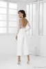 Pas cher Sexy Combinaison Robes De Mariée Manches Longues Sheer Cou Dos Nu Dentelle Appliqued Thé Longueur Plage Bohème Robe De Mariée Bridal2966