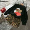 girl's clothes set 2020 autumn long sleeve black daisy shirt + leopard skirts children 2pieces tracksuit baby girl clothing sets G220310