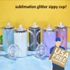 Magazzino degli Stati Uniti Bicchieri a sublimazione da 12 once 2 in 1 Glitter Sippy Cup Bicchiere luccicante dritto Due coperchi Tazze per bambini in acciaio inossidabile Maniglia Biberon a doppia parete per neonati