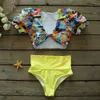 Sexiga Kvinnor Puff Sleeve Bikini Set Bandeau Badkläder Tryckt Baddräkt Hög midja Baddräkt Beachwear Biquini Kvinna 210712