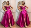 Fuchsia Evening Dresses Satin Side Slit Beaded Crystals Off The Shoulder Plunging V Neck Custom Made Prom Party Gown Vestido Plus Size 403 403