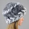 Beanies Beanie/Skull Caps Good Elastic Outdoor Natural Rex Fur Flowers Hat Women Winter Warm Knit Real Russian Lady Hats Scot22