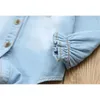 Nieuwe stijl lente baby meisjes blouse turn-down kraag ruches kinderen cowboy jeans shirts kinderen hoge kwaliteit bovenkleding 210306